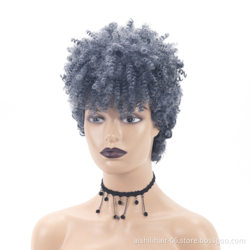 aishili wholesale short afro curly wigs with blue mixed grey pixie cut curly synthetic hair wig for black women
